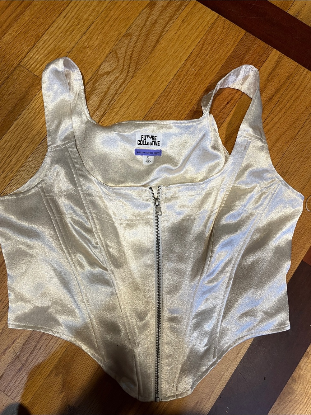 Cream Satin Corset Top with Front Zip